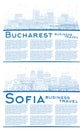 Outline Sofia Bulgaria and Bucharest Romania City Skyline Set with Blue Buildings and Copy Space