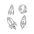 Outline space doodle sticker set. Rocket, space suit