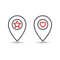 Outline star and heart in pinpoint icon. Favorite pin location gps map marker