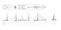 Outline steamer drawing. Contour steamship industrial blueprint. Old ship view: top, side and front. Isolated steamboat