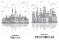 Outline Stockholm Sweden and Vienna Austria City Skyline Set