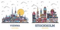 Outline Stockholm Sweden and Vienna Austria City Skyline Set