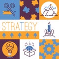 Outline strategy icons banner vetor illustration. Light bulb. Gears and cogs working together. Box with brain. Achieving Royalty Free Stock Photo