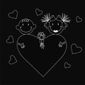 Outline style black and white girl and boy fall in love with each other. Bouquet of flowers and a huge heart, Valentine Royalty Free Stock Photo