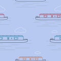 Outline Style Cloudy Side View Narrow Boat Vector Illustration Seamless Pattern