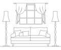 Outline style room. Living room with sofa and window. Vector linear illustration