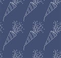 Outline style stripped cone confetti petards seamless pattern on blue background