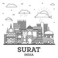 Outline Surat India City Skyline with Modern and Historic Buildings Isolated on White. Surat Cityscape with Landmarks