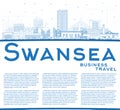 Outline Swansea Wales City Skyline with Blue Buildings and Copy Space
