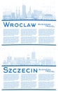 Outline Szczecin and Wroclaw Poland City Skyline set with Blue Buildings and copy space. Cityscape with Landmarks