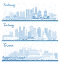 Outline Tainan, Taichung and Kaohsiung Taiwan City Skylines Set with Blue Buildings