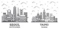 Outline Taipei Taiwan and Seoul South Korea City Skyline Set Royalty Free Stock Photo