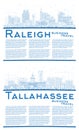 Outline Tallahassee Florida and Raleigh North Carolina City Skyline Set