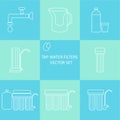 Outline tap water filter icon set. Drink and home water purification filters.