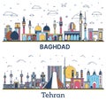 Outline Tehran Iran and Baghdad Iraq City Skyline Set with Colored Historic Buildings Isolated on White