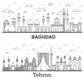 Outline Tehran Iran and Baghdad Iraq City Skyline Set with Historic Buildings Isolated on White Royalty Free Stock Photo