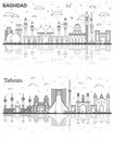 Outline Tehran Iran and Baghdad Iraq City Skyline Set with Historic Buildings and Reflections Isolated on White Royalty Free Stock Photo