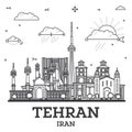 Outline Tehran Iran City Skyline with Modern and Historic Buildings Isolated on White. Teheran Persia Cityscape with Landmarks