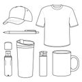 outline template shirt, cap, mug, a pen, thermos mug, lighter, flash drive usb, souvenir products isolated Royalty Free Stock Photo