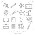 Outline thin black and white icons set. Education collection. Chemisrty, physics, mathematics, geography, astronomy and paint.