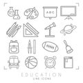 Outline thin black and white icons set. Education collection. Chemisrty, physics, mathematics, geography, astronomy, sport games a