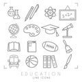 Outline thin black and white icons set. Education collection. Chemisrty, physics, mathematics, geography, astronomy, sport games a