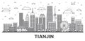 Outline Tianjin China City Skyline with Modern Buildings Isolated on White