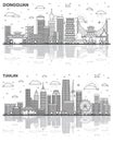 Outline Tianjin and Dongguan China City Skyline Set with Modern Buildings and Reflections Isolated on White