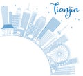 Outline Tianjin Skyline with Blue Buildings and Copy Space.