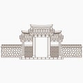 Outline Tradisional Open Korean Hanok Gate Vector Illustration