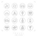 Outline travel line icons set in circles. Airplane, sun, bus, cloud horizon, mountains, yacht, hotel, rent car, luggage, do not di