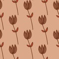 Outline tulip flower seamless pattern. Floral ornament with black contour on coral background Royalty Free Stock Photo