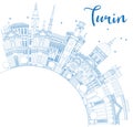 Outline Turin Italy City Skyline with Blue Buildings and Copy Space