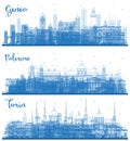 Outline Turin, Palermo and Genoa Italy City Skyline with Blue Buildings Royalty Free Stock Photo