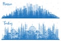 Outline Turkey and Russia City Skyline Set with Blue Buildings Royalty Free Stock Photo