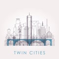 Outline Twin cities skyline with landmarks.