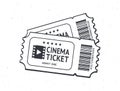 Outline of two cinema tickets with barcode. Pair paper retro coupons for movie entry. Symbol of the film industry.