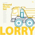 Outline typography set with lorry. Outlined truck. Construction machinery vehicle.