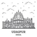 Outline Udaipur India City Skyline with Historical Buildings Isolated on White