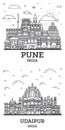 Outline Udaipur and Pune India City Skyline Set with Historic Buildings Isolated on White