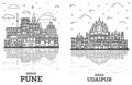 Outline Udaipur and Pune India City Skyline Set with Historic Buildings and Reflections Isolated on White