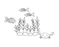 Outline underwater seaweed, cute crab and swimming fish vector illustration composition, marine life composition