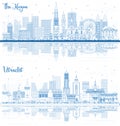 Outline Utrecht and The Hague Netherlands City Skylines with Blue Buildings and Reflections Royalty Free Stock Photo