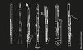 Outline various musical instruments as flute, oboe, bassoon, contrabassoon, piccolo and saxophones