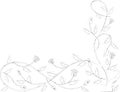 Outline vector drawing of floral corner in shape decorative flexible branch with leaves and flowers