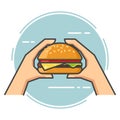 Outline vector flat. Hand holding a burger. Royalty Free Stock Photo