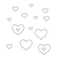 Outline vector illustration of a group of beautiful bright hearts isolated on a white background