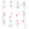 Outline vector illustration of woman pain set. Line female feeling pain in different body parts.