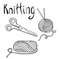 Outline vector knitting set. Ball of yarn, knitting needles and scissors. Hand drawn doodle elements for hand made branding Royalty Free Stock Photo