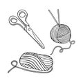 Outline vector knitting set. Ball of yarn, knitting needles and scissors. Hand drawn doodle elements for hand made branding Royalty Free Stock Photo